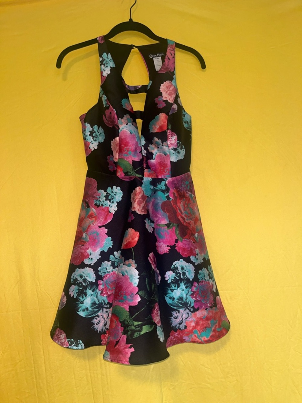 Dear Moon Floral Black Fit-and-Flare Dress with Pink & Teal Blooms